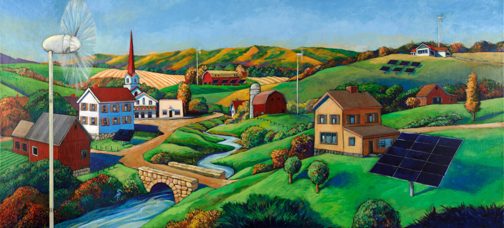 Mural of a town with hills and river going through the middle