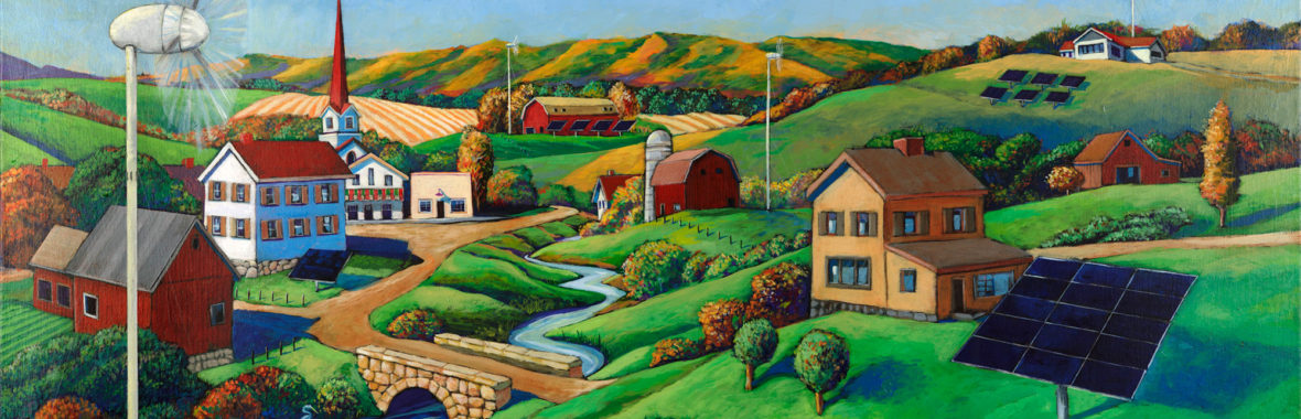 Mural of a town with hills and river going through the middle